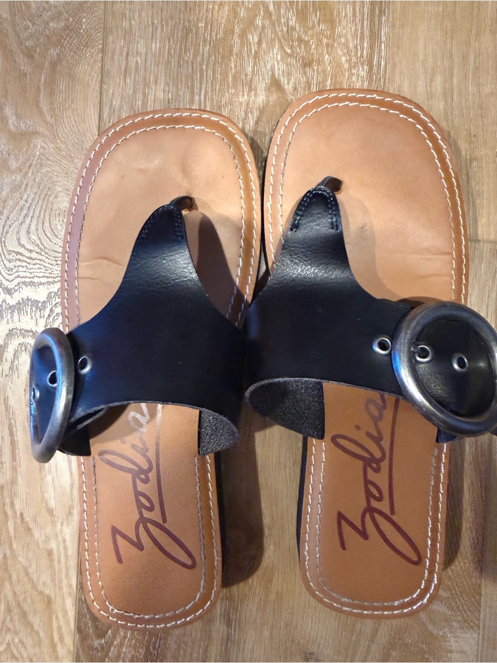 Zodiac Black Leather Slide Sandals with Round Buckle - Picture 2 of 2